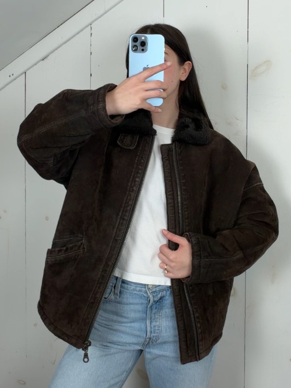 Jones New York Brown Leather Utility Jacket Men’s Small Faux Fur Collar Boxy Fit